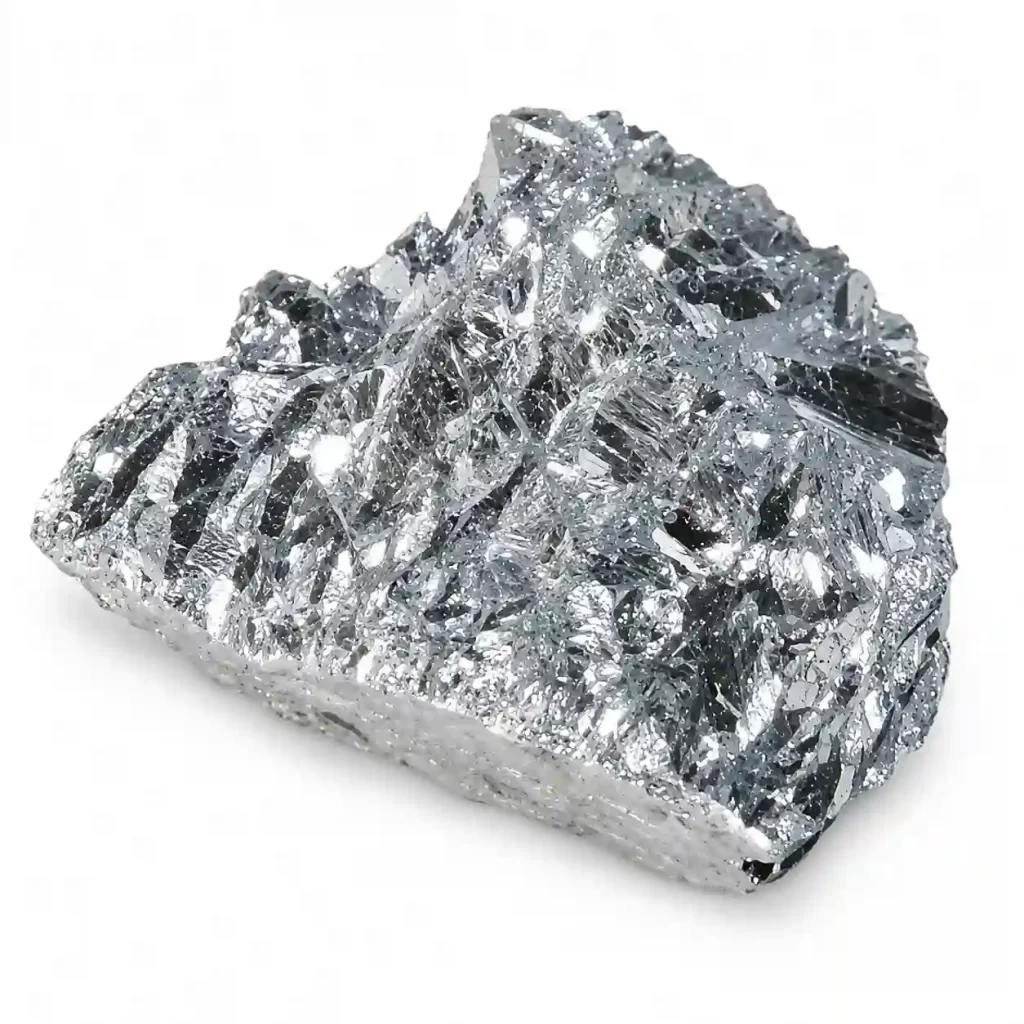 Close view of a silvery-gray antimony sample with a shiny, crystalline surface.