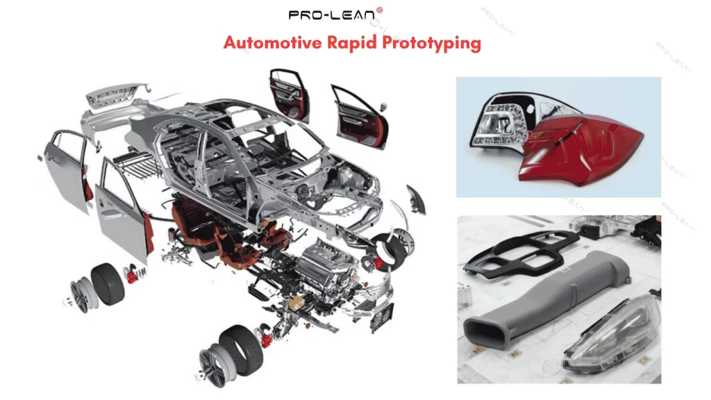 An image showing how different components are prototyped for testing, along with prototyping automotive headlights on the right side