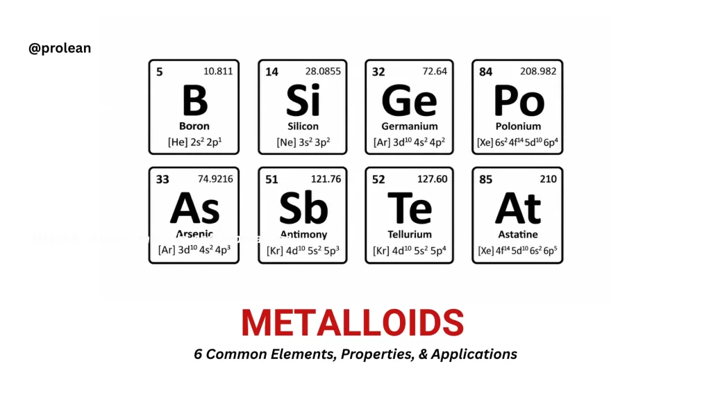 A visual representation of common metalloids, showing boron, silicon, germanium, arsenic, antimony, and tellurium.