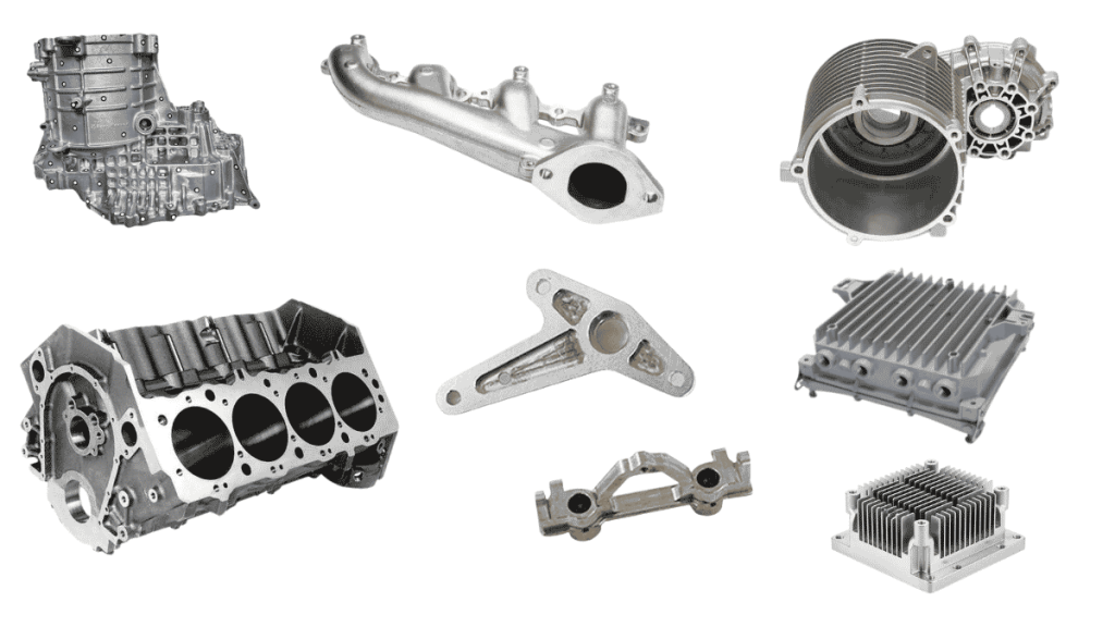 An image showing die-cast component examples from the automotive, aerospace, and electronics industries