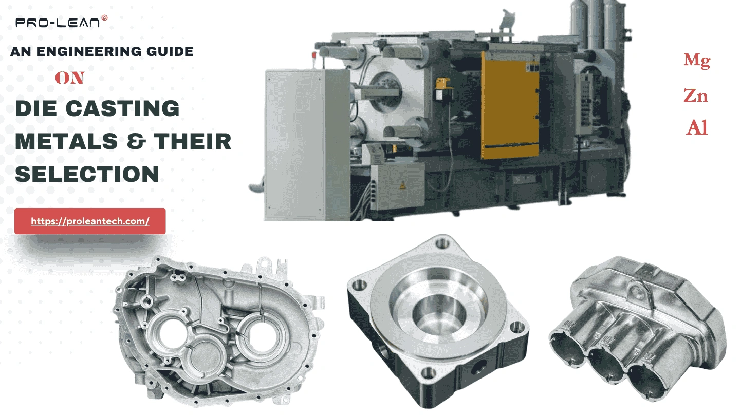 Blog’s feature image showing a die casting machine, casting parts, and title text “ An engineering guide on DIE CASTING METAL & THEIR SELECTION”