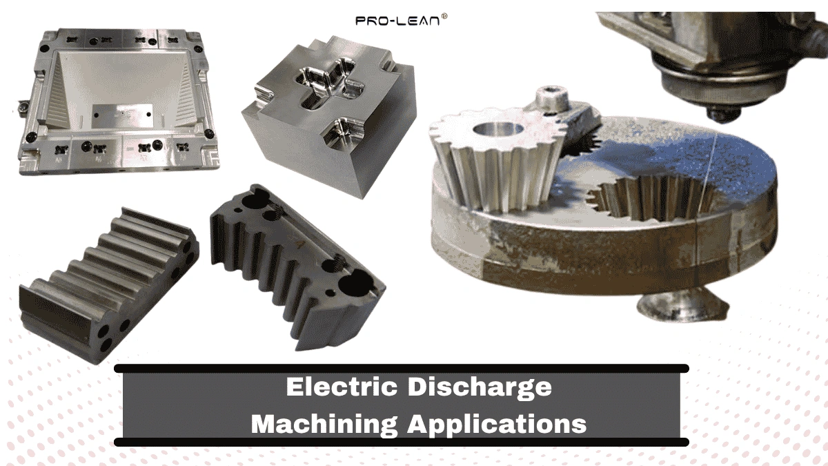 Blog’s feature image showing EDM machined Dies, tools, and gears, along with the title “Electric Discharge Machining Applications” at the bottom