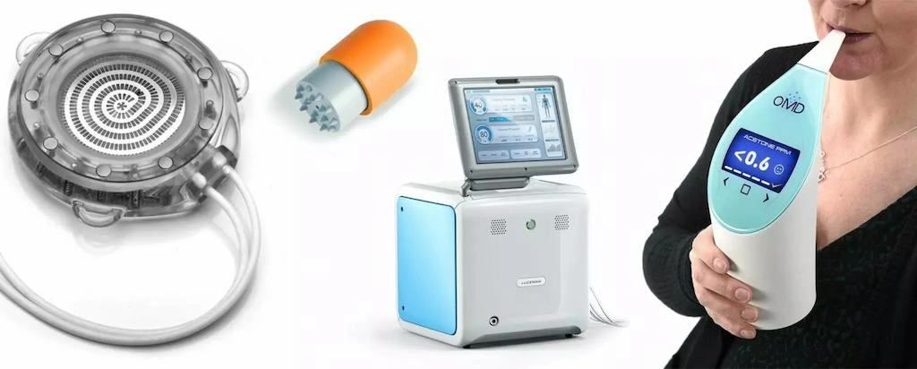 An image showing medical device prototyping examples; circular medical component, handheld instrument, compact diagnostic machine with touchscreen, and a portable breath-testing