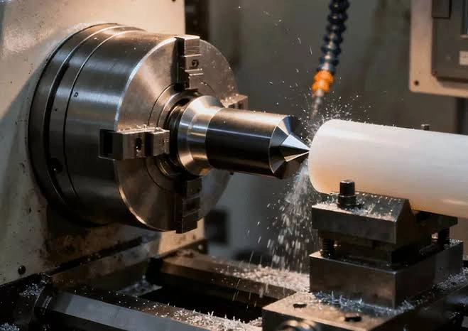 A close-up view of turning a PEI rod in a lathe machine