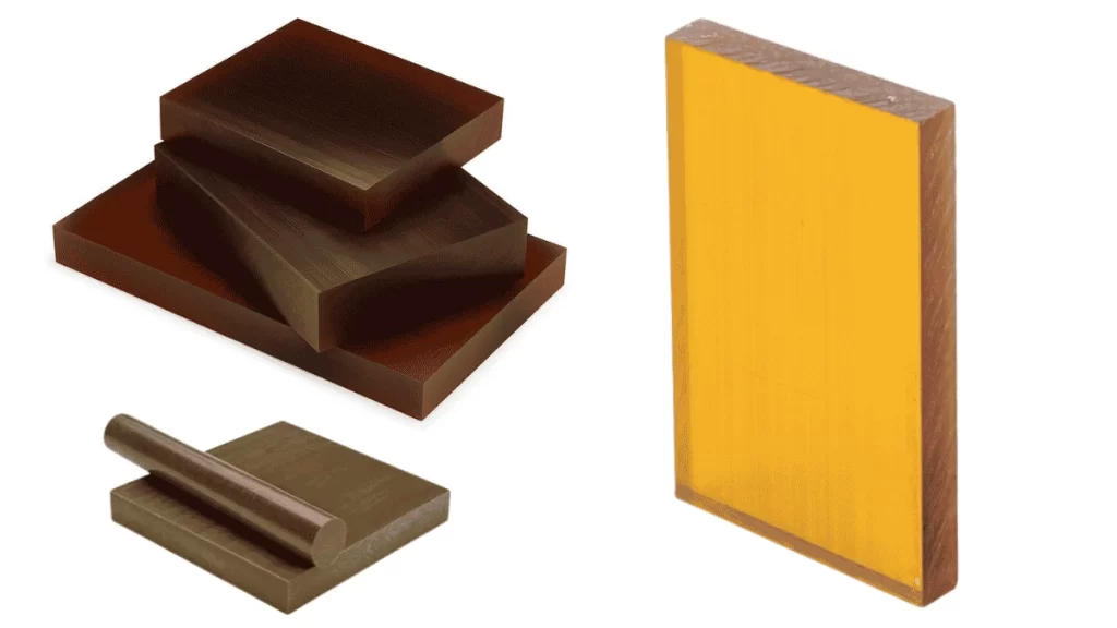 The image shows rod, block, and sheet forms of PEI plastic materials