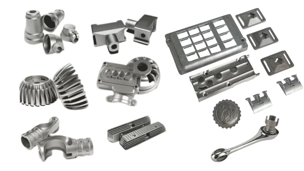 An image showing multiple zinc die casting components, from thin smartphone chassis and door handles to complex industrial parts