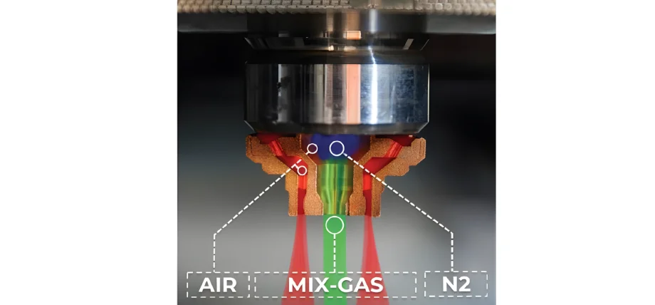 Laser cutting head nozzle diagram showing assist gas flow paths labeled Air, Mix-Gas, and N2 with colored streams.