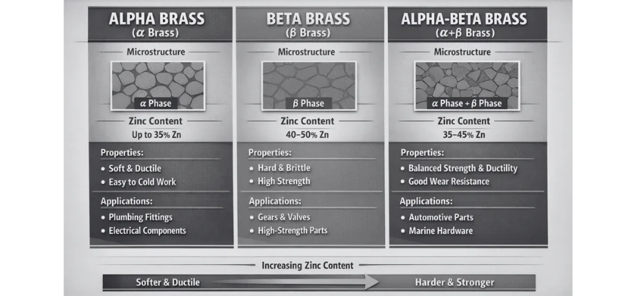 Diagram comparing alpha, beta, and alpha-beta brass alloys by zinc content, microstructure, properties