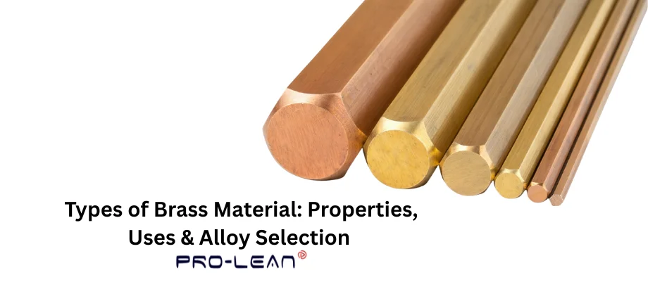 Assortment of brass rods in varying shades and compositions, illustrating different types of brass alloys with distinct colors from reddish to golden yellow with text “types of brass material: properties, uses & alloy selection”