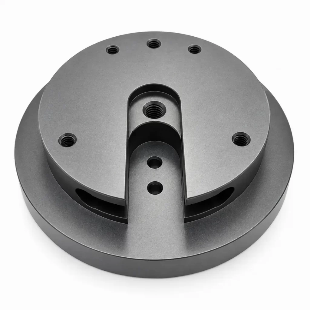 CNC-machined circular metal part with drilled and threaded holes