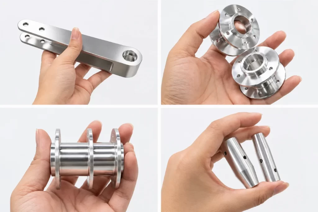 Custom CNC-machined metal components with milled, turned, and drilled features