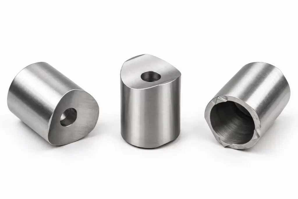 CNC turned metal components with cylindrical profiles, bores, and machined features