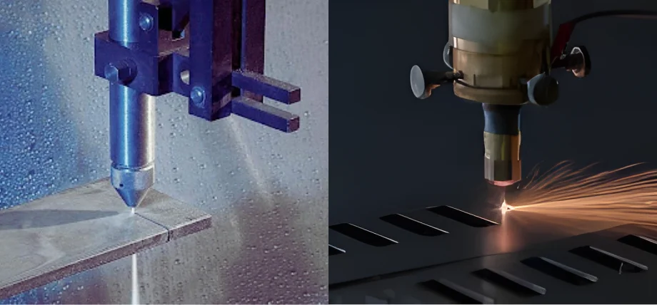 Side-by-side comparison: Left – CO2 laser cutting head with visible beam on thin metal; Right – fiber laser head actively cutting thick metal with bright molten sparks.