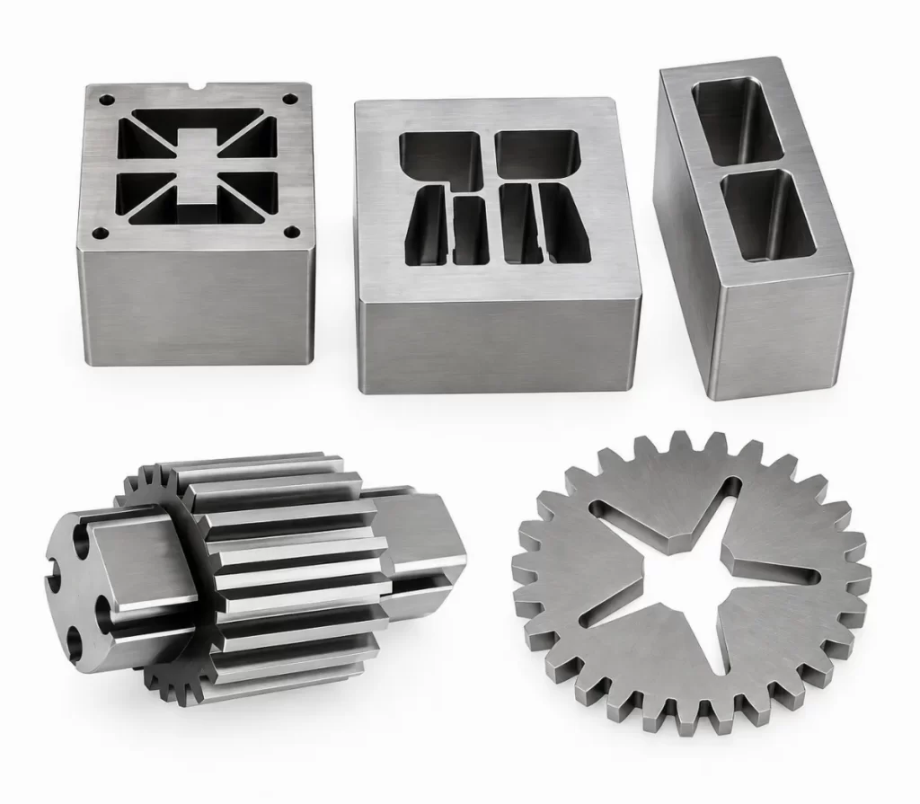 EDM machined metal components with narrow slots, cavities, and complex profiles