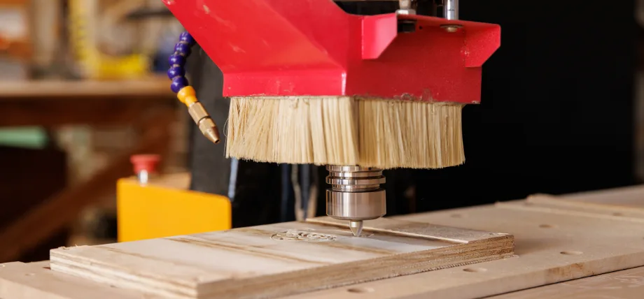 Red CNC spindle with brush guard and coolant nozzle engraving a circular logo into plywood secured on a workshop bed.