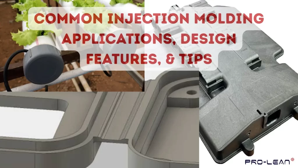 Collage of hydroponic irrigation fittings, molded plastic part, and gray injection-molded electronic enclosure, with text overlay reading