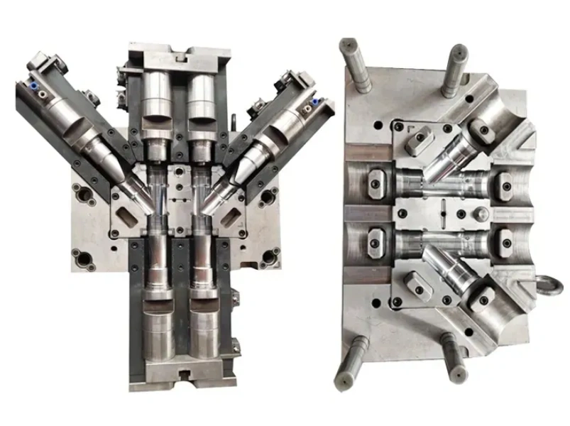 Steel injection mold tooling with side-action sliders and core pins for molding pipe fitting elbow joints