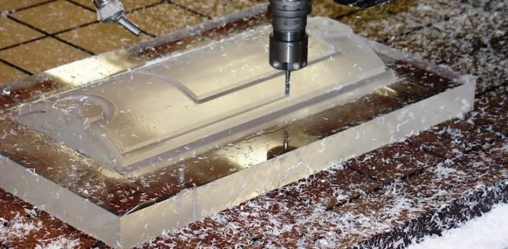 CNC drill boring into a clear polycarbonate sheet on a machining bed, surrounded by fine plastic chips.