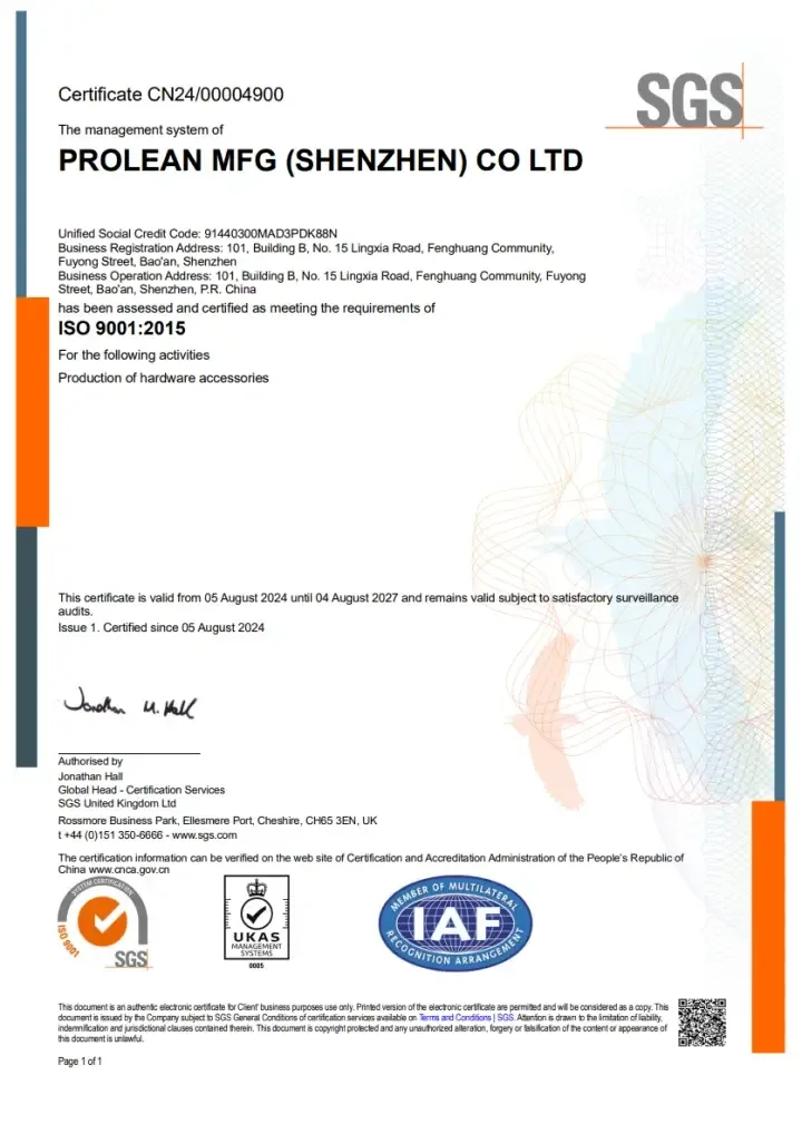 SGS ISO 9001:2015 certificate issued to Prolean MFG (Shenzhen) Co Ltd, certificate number CN24/00004900