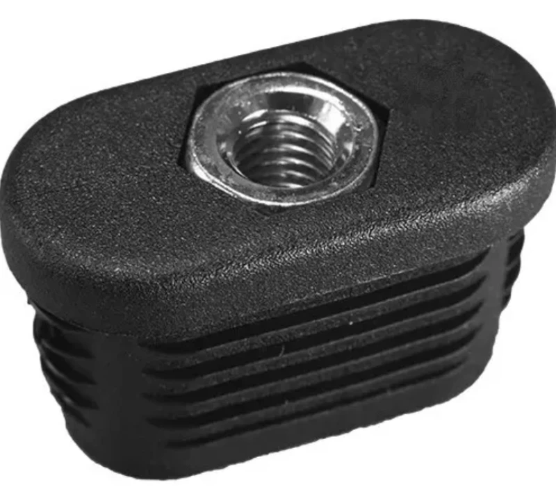 Threaded metal insert embedded in a black ribbed plastic tube cap.