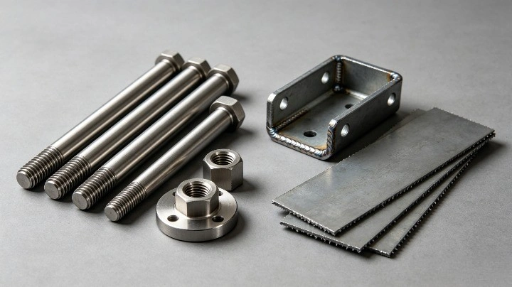 303 stainless steel Screws and nuts on the left side. 304 stainless steel bracket and sheets on the right side.