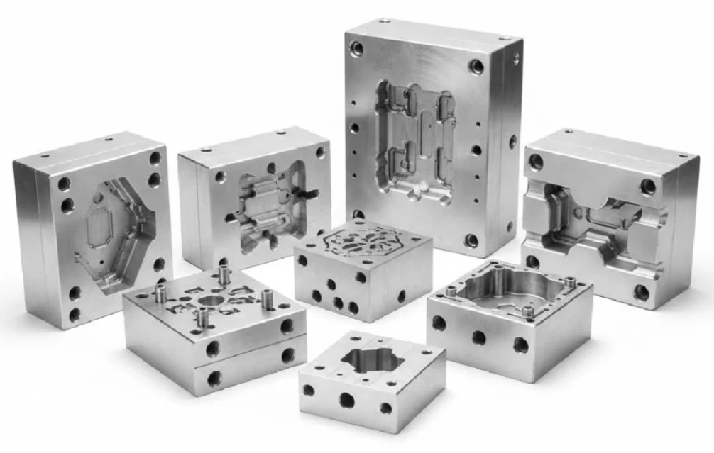 Eight precision-machined aluminum injection mold blocks with various cavity geometries and ejector pin systems.