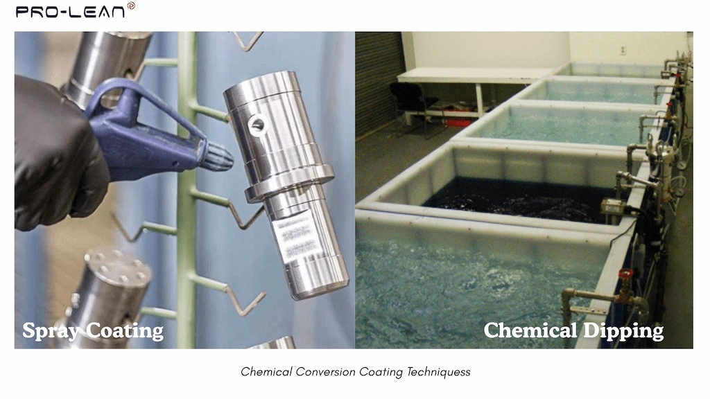 An image showing two chemical conversion coating techniques side-by-side
