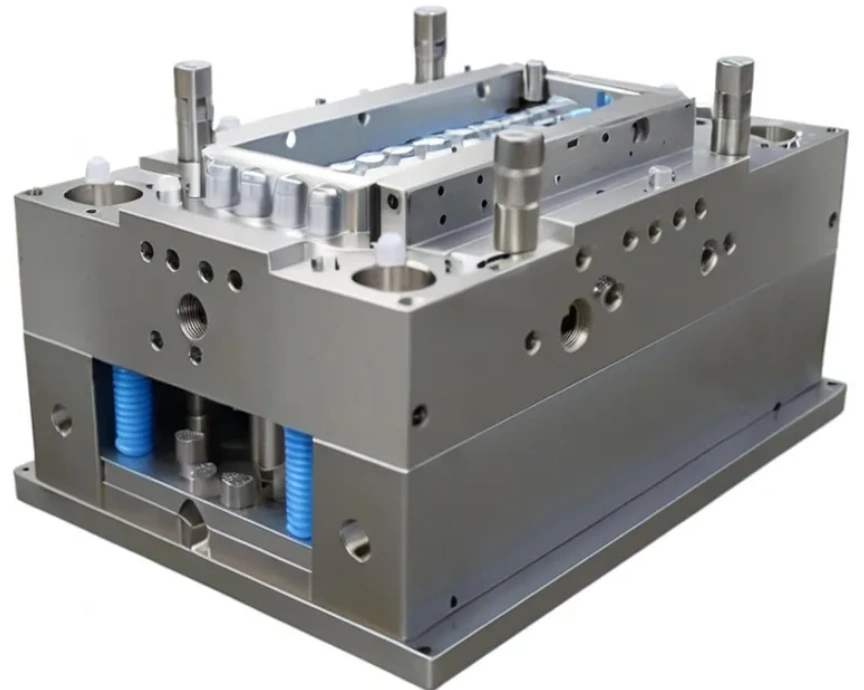 Steel injection molding tool with multiple guide pillars, a rectangular mold block, and blue coil springs visible in the lower section.