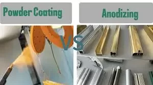 Anodized vs. Powder Coated: Visual Texture Comparison A split-screen comparison of metal finishing processes. The left side shows a spray gun applying a powder coat to a metal. The right side shows various gold and silver anodized aluminum.