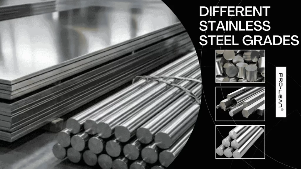 Blog’s feature image showing stainless steel rods and sheets, along with the title text “Different Stainless Steel Grades”