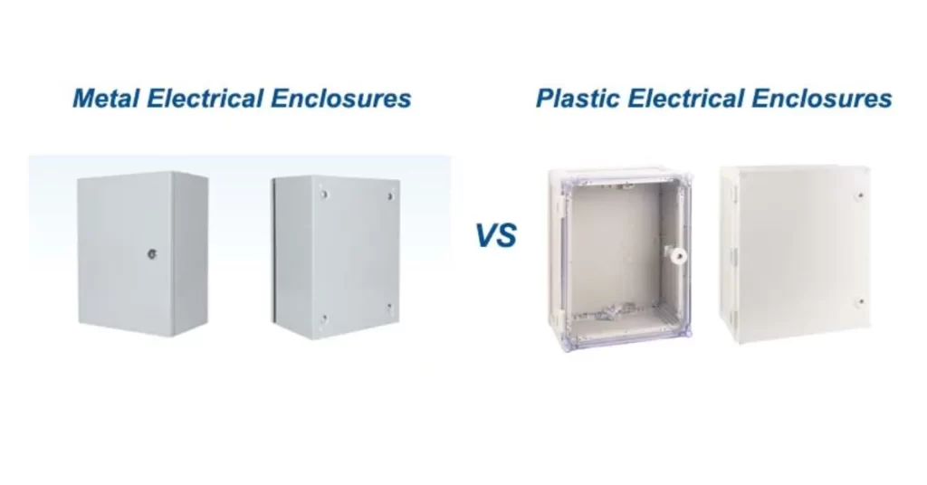 An image showing the back and rear view of a metal enclosure on the left side and a plastic enclosure on the right side