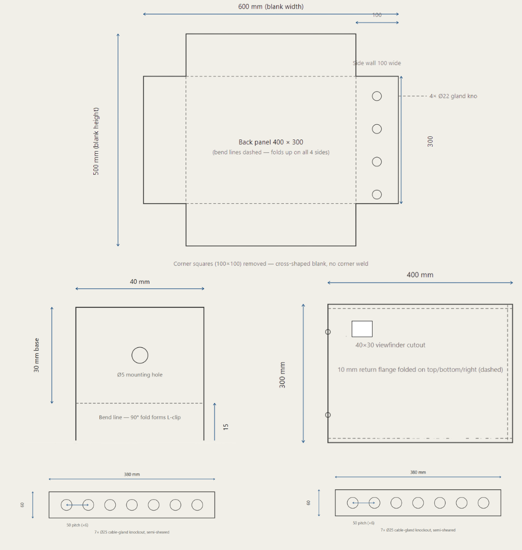 2D flat pattern drawing of the enclosure blank with bend lines, 4 × diameter 22 mm gland knockouts and the door panel layout