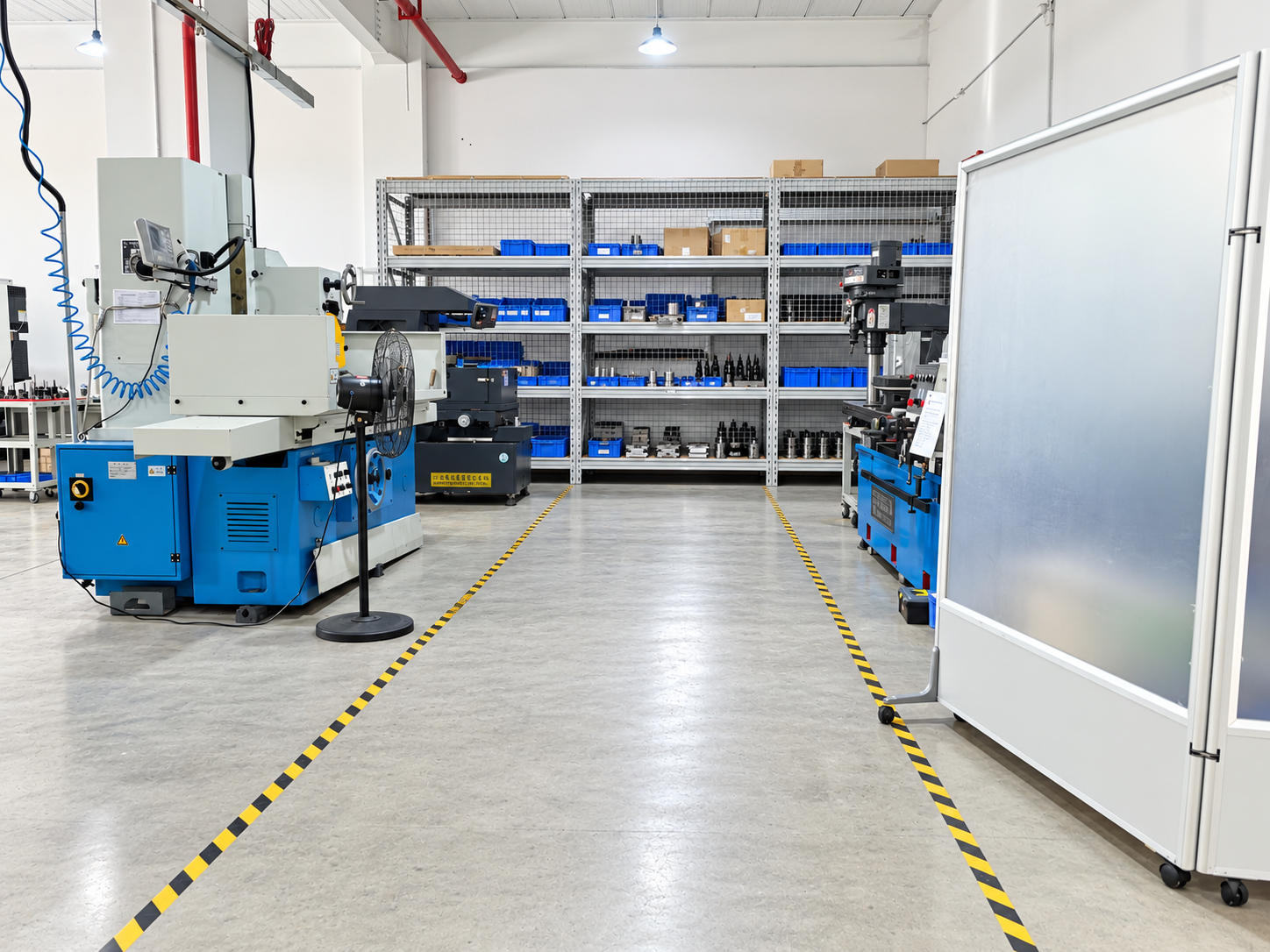 Workshop equipment alongside tooling storage racks
