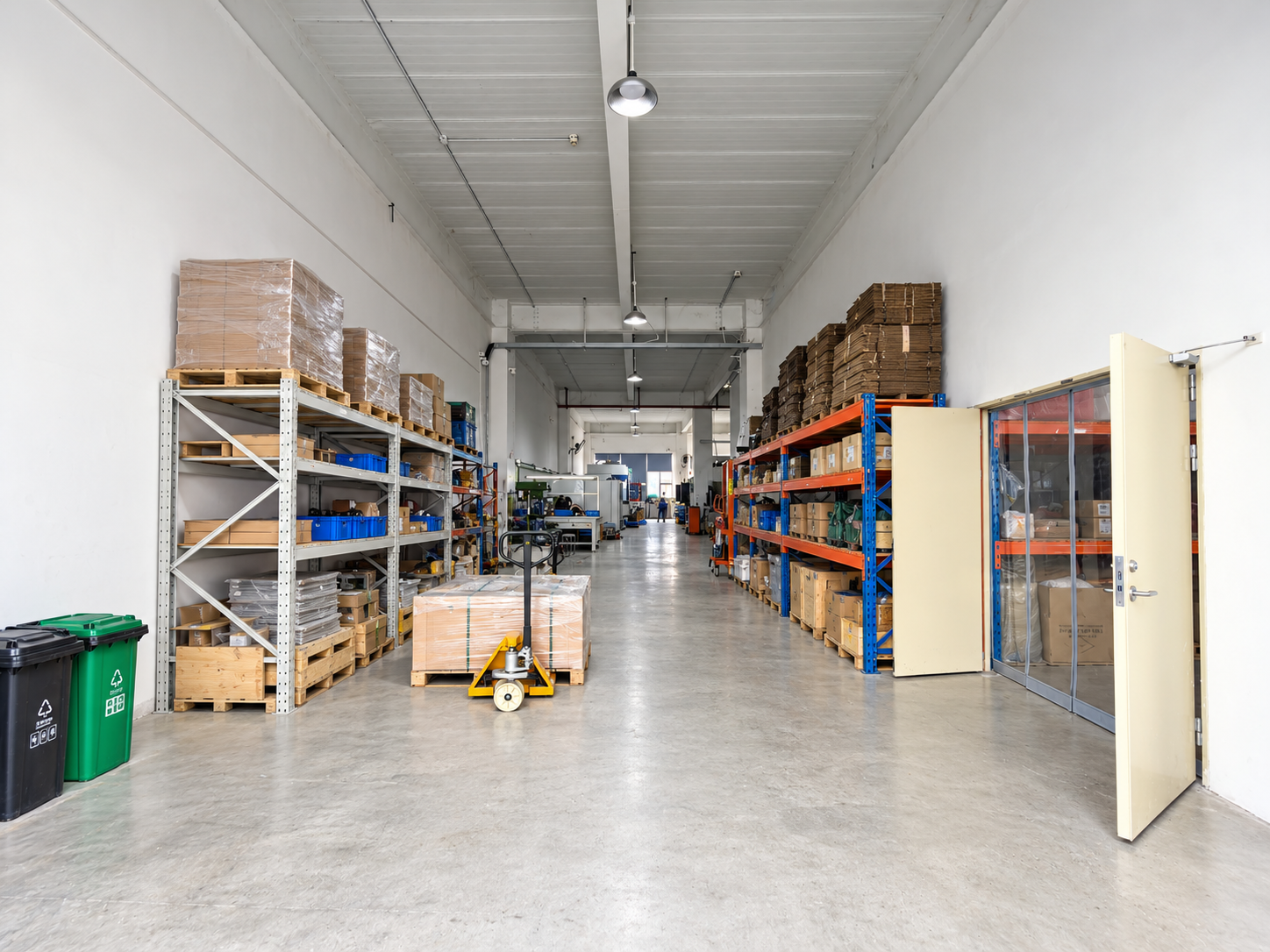 Warehouse aisle with shelving and packaging materials