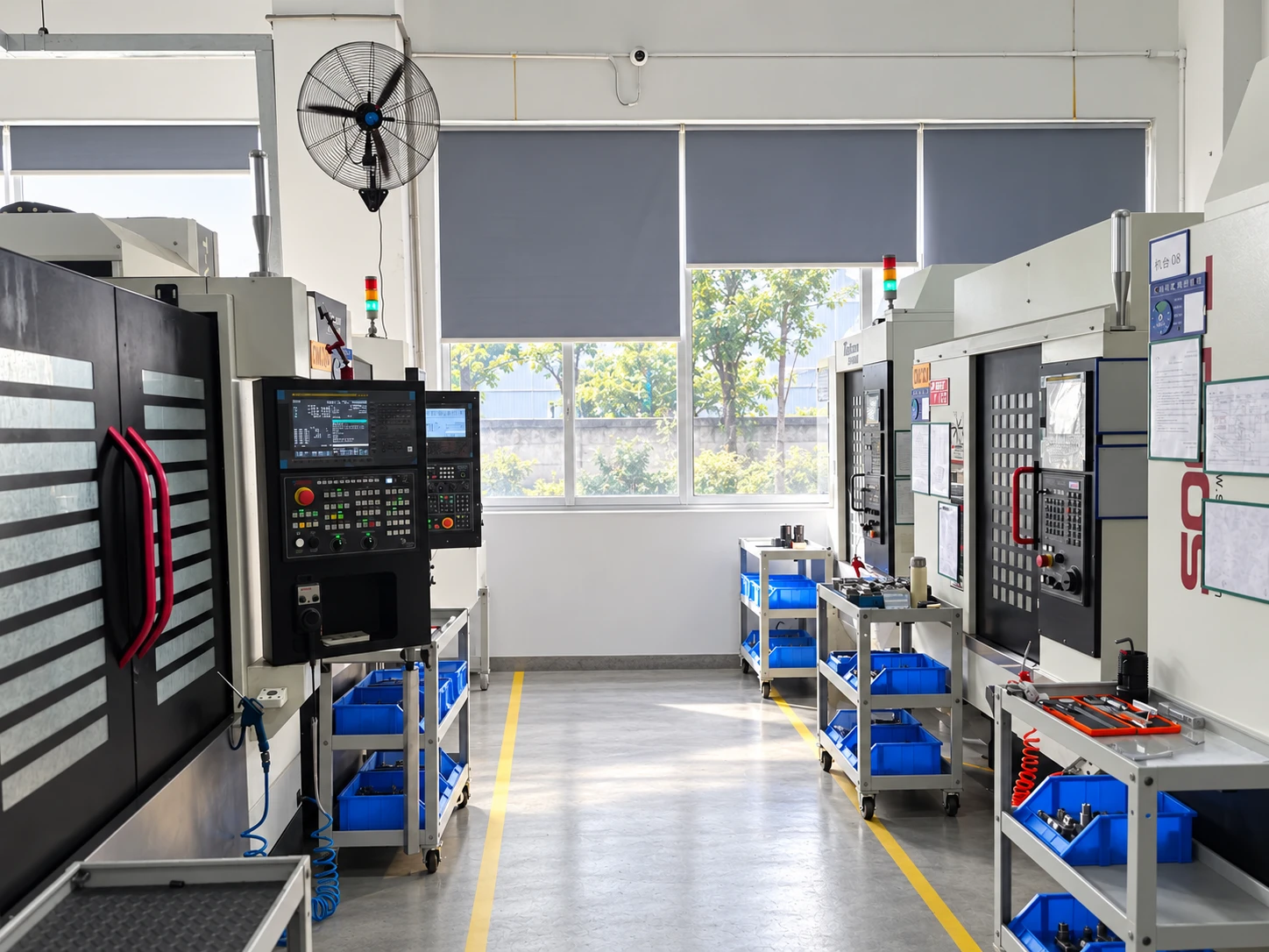 An aisle between CNC machining centres with tooling carts
