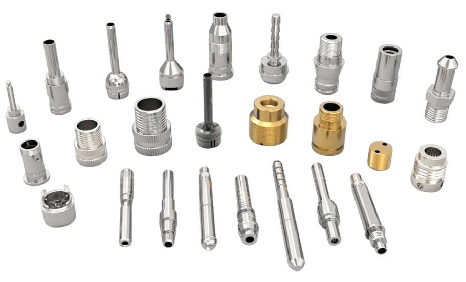 Reference collection of small turned shafts, threaded fittings and hollow cylindrical components