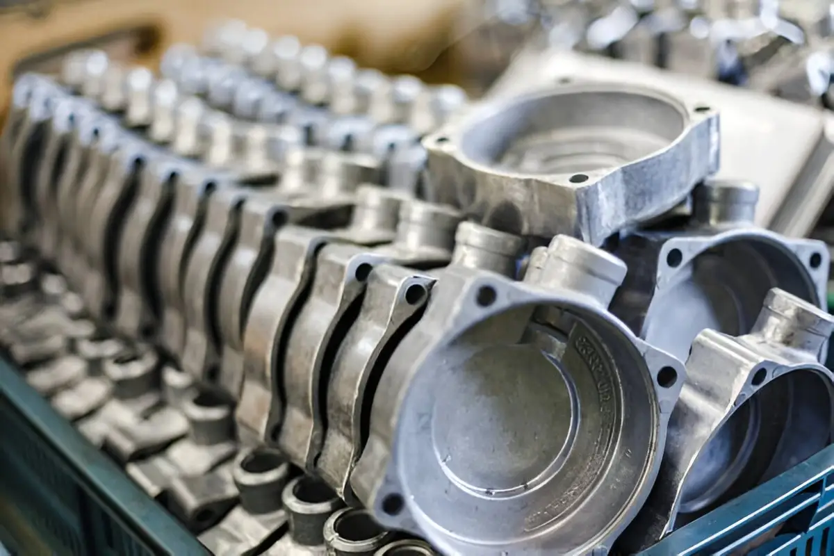 Batch of die cast housings showing repeated mounting and mating features