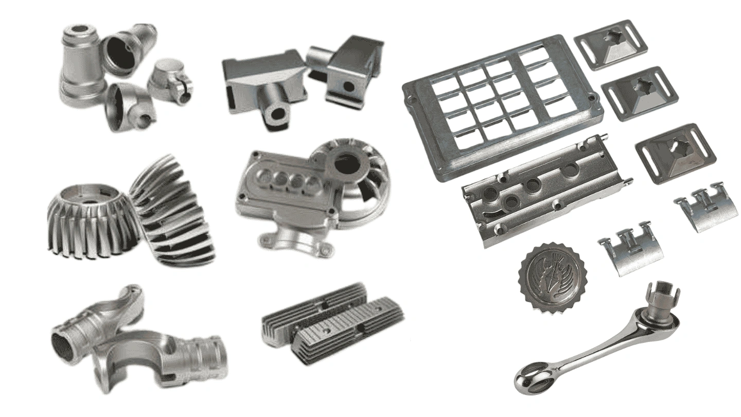 Assortment of zinc die casting part forms including housings, fittings and hardware